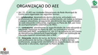 ORGANIZAÇAO DO AEE
• Art. 23 - O AEE nas Unidades Educacionais da Rede Municipal de
Ensino será organizado nas seguintes formas:
• I – colaborativo: desenvolvido dentro do turno, articulado com
profissionais de todas as áreas do conhecimento, em todos os tempos
e espaços educativos, assegurando atendimento das especificidades
de cada educando e educanda, expressas no Plano de AEE, por meio
de acompanhamento sistemático do PAEE;
• II – contraturno: atendimento às especificidades de cada educando e
educanda, expressas no Plano de AEE, no contraturno escolar,
realizado pelo PAEE, na própria U.E, em U.E do entorno ou em Centro
de Atendimento Educacional Especializado – CAEE em Instituição de
Educação Especial conveniada com a SME.
• III - Itinerante: dentro do turno, de forma articulada e colaborativa
com professores da turma, a Equipe Gestora, o PAAI e demais
profissionais, assegurando atendimento às especificidades de cada
educando e educanda, expressas no Plano de AEE.
 
