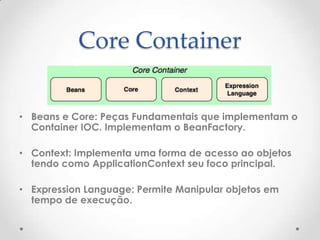 Core Container

• Beans e Core: Peças Fundamentais que implementam o
  Container IOC. Implementam o BeanFactory.

• Context: Implementa uma forma de acesso ao objetos
  tendo como ApplicationContext seu foco principal.

• Expression Language: Permite Manipular objetos em
  tempo de execução.
 