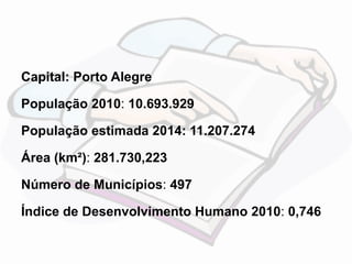 Capital: Porto Alegre 
População 2010: 10.693.929 
População estimada 2014: 11.207.274 
Área (km²): 281.730,223 
Número de Municípios: 497 
Índice de Desenvolvimento Humano 2010: 0,746 
 