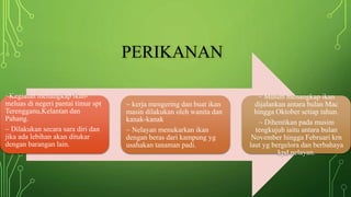 PERIKANAN
~Kegiatan menangkap ikan-
meluas di negeri pantai timur spt
Terengganu,Kelantan dan
Pahang.
~ Dilakukan secara sara diri dan
jika ada lebihan akan ditukar
dengan barangan lain.
~ kerja mengering dan buat ikan
masin dilakukan oleh wanita dan
kanak-kanak
~ Nelayan menukarkan ikan
dengan beras dari kampung yg
usahakan tanaman padi.
~ Musim menangkap ikan
dijalankan antara bulan Mac
hingga Oktober setiap tahun.
~ Dihentikan pada musim
tengkujuh iaitu antara bulan
November hingga Februari krn
laut yg bergelora dan berbahaya
kpd nelayan.
 