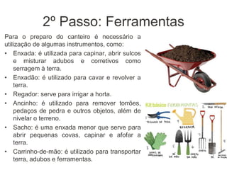 2º Passo: Ferramentas
Para o preparo do canteiro é necessário a
utilização de algumas instrumentos, como:
• Enxada: é utilizada para capinar, abrir sulcos
e misturar adubos e corretivos como
serragem à terra.
• Enxadão: é utilizado para cavar e revolver a
terra.
• Regador: serve para irrigar a horta.
• Ancinho: é utilizado para remover torrões,
pedaços de pedra e outros objetos, além de
nivelar o terreno.
• Sacho: é uma enxada menor que serve para
abrir pequenas covas, capinar e afofar a
terra.
• Carrinho-de-mão: é utilizado para transportar
terra, adubos e ferramentas.
 