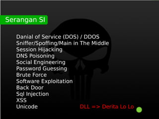 Serangan SI

   Danial of Service (DOS) / DDOS
   Sniffer/Spoffing/Main in The Middle
   Session Hijacking
   DNS Poisoning
   Social Engineering
   Password Guessing
   Brute Force
   Software Exploitation
   Back Door
   Sql Injection
   XSS
   Unicode                  DLL => Derita Lo Lo
 