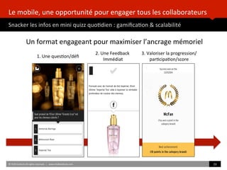 4	
  étapes	
  
Le	
  mobile,	
  une	
  opportunité	
  pour	
  engager	
  tous	
  les	
  collaborateurs	
  
Snacker	
  les	
  infos	
  en	
  mini	
  quizz	
  quoBdien	
  :	
  gamiﬁcaBon	
  &	
  scalabilité	
  
©	
  HUB	
  InsBtute	
  All	
  rights	
  reserved.	
  	
  |	
  	
  	
  www.HUBinsBtute.com	
   33	
  	
  
Un	
  format	
  engageant	
  pour	
  maximiser	
  l’ancrage	
  mémoriel	
  
1.	
  Une	
  quesBon/déﬁ	
  
2.	
  Une	
  Feedback	
  
Immédiat	
  
3.	
  Valoriser	
  la	
  progression/
parBcipaBon/score	
  
 