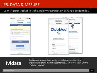 #5.	
  DATA	
  &	
  MESURE	
  	
  
Le	
  WIFI	
  pour	
  tracker	
  le	
  traﬁc,	
  et	
  le	
  WIFI	
  gratuit	
  en	
  échange	
  de	
  données	
  
www.HUBinsBtute.com	
   48	
  	
  
Ividata	
  
Analyses	
  de	
  vos	
  points	
  de	
  vente,	
  connaissance	
  sociale	
  client,	
  
expérience	
  digitale,	
  markeBng	
  contextuel...	
  Améliorer	
  votre	
  Chiﬀre	
  
d’aﬀaires,	
  via	
  WiFi.	
  	
  
	
  	
  	
  
 