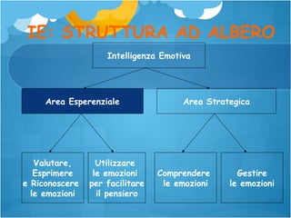 IE: STRUTTURA AD ALBERO
Intelligenza Emotiva

Area Esperenziale

Valutare,
Esprimere
e Riconoscere
le emozioni

Utilizzare
le emozioni
per facilitare
il pensiero

Area Strategica

Comprendere
le emozioni

Gestire
le emozioni

 