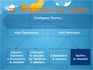 IE: STRUTTURA AD ALBERO
Intelligenza Emotiva

Area Esperenziale

Valutare,
Esprimere
e Riconoscere
le emozioni

Utilizzare
le emozioni
per facilitare
il pensiero

Area Strategica

Comprendere
le emozioni

Gestire
le emozioni

 