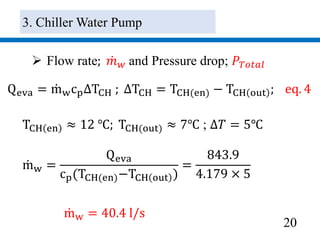 20
 Flow rate; 𝑚 𝑤 and Pressure drop; 𝑃 𝑇𝑜𝑡𝑎𝑙
TCH en ≈ 12 ℃; TCH(out) ≈ 7℃ ; ∆𝑇 = 5℃
Qeva = mwcp∆TCH ; ∆TCH = TCH(en) − TCH out ; eq. 4
mw =
Qeva
cp(TCH(en)−TCH out )
=
843.9
4.179 × 5
mw = 40.4 l/s
3. Chiller Water Pump
 