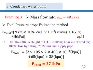 32
 Mass flow rate: mw = 48.5 𝑙 𝑠From: eq.3
 Total Pressure drop: Estimation method
PTotal = 2 × 105 × 2 × 400 × 10−3
kpa
+65 kpa + 38 kpa ]
PTotal=[2L(m)×100% ×400 × 10−3(kPa/m)+CT(kPa)
+H(kPa)] eq.11
• H=3.8m=38kPa Height of CT; L=105m; Loss in CT=65kPa;
100%: loss by fitting; 2: Return and supply pipe
𝐏 𝐓𝐨𝐭𝐚𝐥 = 𝟐𝟕𝟏𝐤𝐏𝐚
3. Condenser water pump
 