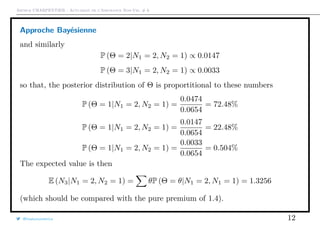 Arthur CHARPENTIER - Actuariat de l’Assurance Non-Vie, # 6
Approche Bayésienne
and similarly
P (Θ = 2|N1 = 2, N2 = 1) ∝ 0.0147
P (Θ = 3|N1 = 2, N2 = 1) ∝ 0.0033
so that, the posterior distribution of Θ is proportitional to these numbers
P (Θ = 1|N1 = 2, N2 = 1) =
0.0474
0.0654
= 72.48%
P (Θ = 1|N1 = 2, N2 = 1) =
0.0147
0.0654
= 22.48%
P (Θ = 1|N1 = 2, N2 = 1) =
0.0033
0.0654
= 0.504%
The expected value is then
E (N3|N1 = 2, N2 = 1) = θP (Θ = θ|N1 = 2, N1 = 1) = 1.3256
(which should be compared with the pure premium of 1.4).
@freakonometrics 12
 