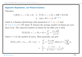 Arthur CHARPENTIER - Actuariat de l’Assurance Non-Vie, # 6
Approche Bayésienne, cas Poisson-Gamma
Therefore,
π (θ|N1 + ... + N4 = k) ∝ P (N1 + ... + N4 = k|Θ = θ) f (θ)
∝ exp (−θ(4 + α)) · θk+β−1
which is a Gamma distribution with parameters α∗
= (α + 4) and
β∗
= k + β = β + 4N where N denotes the average number of claims per year
(here k/4). The expected number of claims for the ﬁfth year is then
E (N5|N1 + ... + N4 = k) =
β∗
α∗
=
β + 4N
α + 4
,
where t = 4 is the number of years. More generally, one gets
E (Nt+1|N1 = n1, ..., Nt = nt) =
β∗
α∗
=
β + nn
α + t
where n =
1
t
t
i=1
ni
= 1 −
t
α + t
β
α
+
t
α + t
n.
@freakonometrics 14
 
