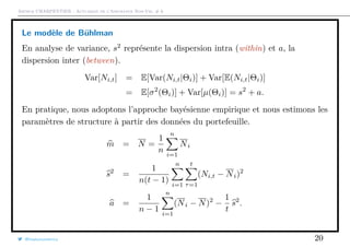 Arthur CHARPENTIER - Actuariat de l’Assurance Non-Vie, # 6
Le modèle de Bühlman
En analyse de variance, s2
représente la dispersion intra (within) et a, la
dispersion inter (between).
Var[Ni,t] = E[Var(Ni,t|Θi)] + Var[E(Ni,t|Θi)]
= E[σ2
(Θi)] + Var[µ(Θi)] = s2
+ a.
En pratique, nous adoptons l’approche bayésienne empirique et nous estimons les
paramètres de structure à partir des données du portefeuille.
m = N =
1
n
n
i=1
Ni
s2
=
1
n(t − 1)
n
i=1
t
τ=1
(Ni,t − Ni)2
a =
1
n − 1
n
i=1
(Ni − N)2
−
1
t
s2
.
@freakonometrics 20
 
