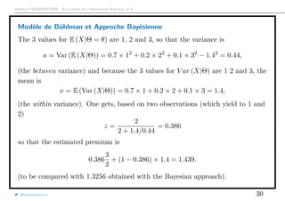 Arthur CHARPENTIER - Actuariat de l’Assurance Non-Vie, # 6
Modèle de Bühlman et Approche Bayésienne
The 3 values for E (X|Θ = θ) are 1, 2 and 3, so that the variance is
a = Var (E (X|Θ)) = 0.7 × 12
+ 0.2 × 22
+ 0.1 × 32
− 1.42
= 0.44,
(the between variance) and because the 3 values for V ar (X|Θ) are 1 2 and 3, the
mean is
ν = E (Var (X|Θ)) = 0.7 × 1 + 0.2 × 2 + 0.1 × 3 = 1.4,
(the within variance). One gets, based on two observations (which yield to 1 and
2)
z =
2
2 + 1.4/0.44
= 0.386
so that the estimated premium is
0.386
3
2
+ (1 − 0.386) × 1.4 = 1.439.
(to be compared with 1.3256 obtained with the Bayesian approach).
@freakonometrics 30
 