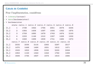 Arthur CHARPENTIER - Actuariat de l’Assurance Non-Vie, # 6
Calculs de Crédibilité
Pour l’implémentation, considérons
1 > library(actuar)
2 > data( hachemeister )
3 > hachemeister
4 state ratio .1 ratio .2 ratio .3 ratio .4 ratio .5 ratio .6
5 [1,] 1 1738 1642 1794 2051 2079 2234
6 [2,] 2 1364 1408 1597 1444 1342 1675
7 [3,] 3 1759 1685 1479 1763 1674 2103
8 [4,] 4 1223 1146 1010 1257 1426 1532
9 [5,] 5 1456 1499 1609 1741 1482 1572
10 ratio .7 ratio .8 ratio .9 ratio .10 ratio .11 ratio .12
11 [1,] 2032 2035 2115 2262 2267 2517
12 [2,] 1470 1448 1464 1831 1612 1471
13 [3,] 1502 1622 1828 2155 2233 2059
14 [4,] 1953 1123 1343 1243 1762 1306
15 [5,] 1606 1735 1607 1573 1613 1690
@freakonometrics 34
 