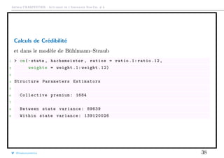 Arthur CHARPENTIER - Actuariat de l’Assurance Non-Vie, # 6
Calculs de Crédibilité
et dans le modèle de Bühlmann–Straub
1 > cm(~state , hachemeister , ratios = ratio .1: ratio .12,
2 weights = weight .1: weight .12)
3
4 Structure Parameters Estimators
5
6 Collective premium: 1684
7
8 Between state variance: 89639
9 Within state variance: 139120026
@freakonometrics 38
 