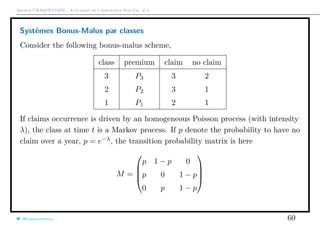Arthur CHARPENTIER - Actuariat de l’Assurance Non-Vie, # 6
Systèmes Bonus-Malus par classes
Consider the following bonus-malus scheme,
class premium claim no claim
3 P3 3 2
2 P2 3 1
1 P1 2 1
If claims occurrence is driven by an homogeneous Poisson process (with intensity
λ), the class at time t is a Markov process. If p denote the probability to have no
claim over a year, p = e−λ
, the transition probability matrix is here
M =




p 1 − p 0
p 0 1 − p
0 p 1 − p




@freakonometrics 60
 
