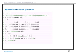 Arthur CHARPENTIER - Actuariat de l’Assurance Non-Vie, # 6
Systèmes Bonus-Malus par classes
1 > load(
2 "http:// freakonometrics .free.fr/bonusmalus .R")
3 > M=Mat_Fictif (.1)
4 > M
5 [,1] [,2] [,3]
6 [1,] 0.9048374 0.09516258 0.00000000
7 [2,] 0.9048374 0.00000000 0.09516258
8 [3,] 0.0000000 0.90483742 0.09516258
9 > pwr=function(M,k){
10 + N=M
11 + if(k==0) N=diag(1,ncol(M))
12 + if(k >1) for(i in 2:k) N=N%*%M
13 + return(N)
14 + }
@freakonometrics 61
 