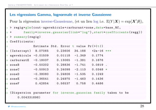 Arthur CHARPENTIER - Actuariat de l’Assurance Non-Vie, # 7
Les régressions Gamma, lognormale et inverse Gaussienne
Pour la régression inverse-Gaussienne, (et un lien log i.e. E(Y |X) = exp[X β]),
1 > regig=glm(cout~agevehicule+carburant+zone ,data=base_RC ,
2 + family=inverse.gaussian(link="log"),start= coefficients (regg))
3 > summary(regig)
4 Coefficients :
5 Estimate Std. Error t value Pr(>|t|)
6 (Intercept) 8.07065 0.23606 34.188 <2e-16 ***
7 agevehicule -0.01509 0.01118 -1.349 0.1774
8 carburantE -0.18037 0.13065 -1.381 0.1676
9 zoneB -0.50202 0.28836 -1.741 0.0819 .
10 zoneC -0.50913 0.24098 -2.113 0.0348 *
11 zoneD -0.38080 0.24806 -1.535 0.1249
12 zoneE -0.36541 0.24975 -1.463 0.1436
13 zoneF 0.42854 0.56537 0.758 0.4486
14
15 ( Dispersion parameter for inverse.gaussian family taken to be
0.004331898)
@freakonometrics 28
 