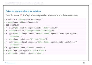 Arthur CHARPENTIER - Actuariat de l’Assurance Non-Vie, # 7
Prise en compte des gros sinistres
Pour le terme C, il s’agit d’une régression standard sur la base restreinte,
1 > indice = which(base_RC$cout >s)
2 > mean(base_RC$cout[indice ])
3 [1] 34471.59
4 > regB=glm(cout~bs(agevehicule),data=base_RC ,
5 + subset=indice ,family=Gamma(link="log"))
6 > ypB=predict(regB ,newdata=data.frame(agevehicule=age),type="
response")
7 > plot(age ,ypB ,type="b",col="blue")
8 > ypB=predict(regB ,newdata=data.frame(agevehicule=age),type="
response")
9 > ypB2=mean(base_RC$cout[indice ])
10 > plot(age ,ypB ,type="b",col="blue")
11 > abline(h=ypB2 ,lty=2,col="blue")
@freakonometrics 40
 