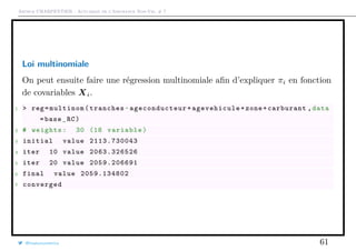 Arthur CHARPENTIER - Actuariat de l’Assurance Non-Vie, # 7
Loi multinomiale
On peut ensuite faire une régression multinomiale aﬁn d’expliquer πi en fonction
de covariables Xi.
1 > reg=multinom(tranches~ ageconducteur + agevehicule +zone+carburant ,data
=base_RC)
2 # weights: 30 (18 variable)
3 initial value 2113.730043
4 iter 10 value 2063.326526
5 iter 20 value 2059.206691
6 final value 2059.134802
7 converged
@freakonometrics 61
 