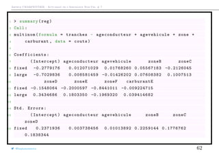Arthur CHARPENTIER - Actuariat de l’Assurance Non-Vie, # 7
1 > summary(reg)
2 Call:
3 multinom(formula = tranches ~ ageconducteur + agevehicule + zone +
4 carburant , data = couts)
5
6 Coefficients :
7 (Intercept) ageconducteur agevehicule zoneB zoneC
8 fixed -0.2779176 0.012071029 0.01768260 0.05567183 -0.2126045
9 large -0.7029836 0.008581459 -0.01426202 0.07608382 0.1007513
10 zoneD zoneE zoneF carburantE
11 fixed -0.1548064 -0.2000597 -0.8441011 -0.009224715
12 large 0.3434686 0.1803350 -0.1969320 0.039414682
13
14 Std. Errors:
15 (Intercept) ageconducteur agevehicule zoneB zoneC
zoneD
16 fixed 0.2371936 0.003738456 0.01013892 0.2259144 0.1776762
0.1838344
@freakonometrics 62
 