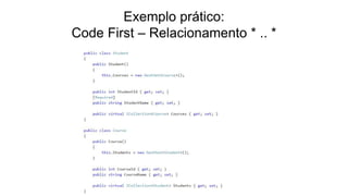 Exemplo prático:
Code First – Relacionamento * .. *
 