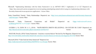 Microsoft. “Implementing Inheritance with the Entity Framework 6 in an ASP.NET MVC 5 Application (11 of 12)” Disponivel em:
<https://docs.microsoft.com/en-us/aspnet/mvc/overview/getting-started/getting-started-with-ef-using-mvc/implementing-inheritance-with-
the-entity-framework-in-an-asp-net-mvc-application>. Acesso: Maio.
Entity FrameWork Tutorial. “Entity Relationships: Disponivel em: <http://www.entityframeworktutorial.net/code-first/entity-framework-
code-first.aspx>. Acesso: Maio.
Microsoft. “Entity Framework Connections and Models” Disponível em: <https://msdn.microsoft.com/en-
us/library/jj592674(v=vs.113).aspx>. Acesso: Maio.
GUERRA L. R, ZAINA M. A. L, (2014): “MAPEAMENTO OBJETO RELACIONAL: UM ESTUDO DE CASO“ Disponivel em:
http://fatecid.com.br/reverte/index.php/revista/article/viewFile/9/10 Acesso: Maio
MAYUMI, Priscila. (2016)“ Entity Framework - Conceitos e recursos básicos” Revista Esy Net Magazine. Disponivel em:
http://www.devmedia.com.br/entity-framework-conceitos-e-recursos-basicos-revista-easy-net-magazine-29/27764 Acesso: Maio
Microsoft (2016) “Visão Geral do Entity framework” Disponivel em:
https://msdn.microsoft.com/pt-br/library/bb399567(v=vs.110).aspx Acesso: Maio
 