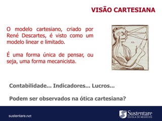 sustentare
Contabilidade... Indicadores... Lucros...
Podem ser observados na ótica cartesiana?
O modelo cartesiano, criado por
René Descartes, é visto como um
modelo linear e limitado.
É uma forma única de pensar, ou
seja, uma forma mecanicista.
VISÃO CARTESIANA
 
