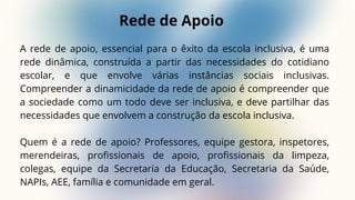 Rede de Apoio
A rede de apoio, essencial para o êxito da escola inclusiva, é uma
rede dinâmica, construída a partir das necessidades do cotidiano
escolar, e que envolve várias instâncias sociais inclusivas.
Compreender a dinamicidade da rede de apoio é compreender que
a sociedade como um todo deve ser inclusiva, e deve partilhar das
necessidades que envolvem a construção da escola inclusiva.
Quem é a rede de apoio? Professores, equipe gestora, inspetores,
merendeiras, profissionais de apoio, profissionais da limpeza,
colegas, equipe da Secretaria da Educação, Secretaria da Saúde,
NAPIs, AEE, família e comunidade em geral.
 