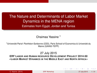 The Nature and Determinants of Labor Market
Dynamics in the MENA region
Estimates from Egypt, Jordan and Tunisa
Chaimaa Yassine 1
1Université Paris1 Panthéon-Sorbonne (CES), Paris School of Economics & Université du
Maine (GAINS-TEPP)
27 July 2015
ERF LABOR AND HUMAN RESOURCE DEVELOPMENT PROJECT 2014-50
«LABOR MARKET DYNAMICS IN THE MIDDLE EAST AND NORTH AFRICA»
C. Yassine (2014) ERF Workshop 27 July 2015 1 / 31
 