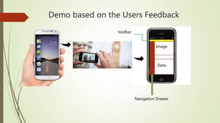 Demo based on the Users Feedback
Image
Data
Navigation Drawer
toolbar
 