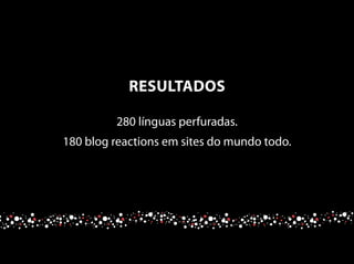 280 línguas perfuradas.
180 blog reactions em sites do mundo todo.
RESULTADOS
 