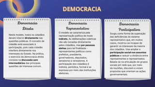DEMOCRACIA
DEMOCRACIA
Democracia
Direta
Democracia
Representativa
Democracia
Participativa
Neste modelo, todos os cidadãos
devem intervir diretamente nas
questões públicas. O conceito de
cidadão está associado à
participação, pois cada cidadão
interfere diretamente nos
interesses do Estado. Na prática,
o exercício da democracia direta
consiste na discussão sem
intermediários das principais
questões de interesse comum.
O modelo se caracteriza pela
representação política de modo
indireto. As deliberações coletivas
não são tomadas diretamente
pelos cidadãos, mas por pessoas
eleitas para tal finalidade -
representantes políticos como
prefeitos, presidente,
governadores, deputados,
senadores e vereadores. A
participação dos cidadãos é
indireta, periódica, formal e se
expressa por meio das instituições
eleitorais.
Surgiu como forma de superação
das deficiências do sistema
representativo que, em muitos
casos, mostrou-se incapaz de
garantir os interesses da maioria
dos cidadãos. Visa ampliar a
participação social nos assuntos
públicos e reduzir a distância entre
representantes e representados.
Baseia-se na articulação de grupos
sociais em rede que, por meio
de reuniões, discutem e votam
propostas que orientam as ações
governamentais.
 