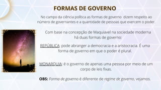 No campo da ciência política as formas de governo dizem respeito ao
número de governantes e a quantidade de pessoas que exercem o poder.
Com base na concepção de Maquiavel na sociedade moderna
há duas formas de governo:
REPÚBLICA: pode abranger a democracia e a aristocracia. É uma
forma de governo em que o poder é plural.
MONARQUIA: é o governo de apenas uma pessoa por meio de um
corpo de leis fixas.
FORMAS DE GOVERNO
FORMAS DE GOVERNO
OBS: Forma de governo é diferente de regime de governo, vejamos.
 