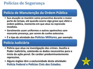 Polícia de Manutenção da Ordem Pública
• Sua atuação se mantém como preventiva durante a maior
parte do tempo, até quando ocorre algo grave que afete a
ordem pública, momento em que atua na repressão
imediata.
• Geralmente usam uniformes e outros apetrechos com
marcante presença, por serem de cunho ostensivo.
• É o tipo de atividade das Polícias Militares, por exemplo.
Polícia Judiciária
• Polícia que atua na investigação dos crimes. Auxilia o
Poder Judiciário, coletando os dados necessários para o
inicio da ação penal. De caráter predominantemente
repressivo.
• Alguns órgãos têm a exclusividade desta atividade:
Polícia Federal e Polícias Civis dos Estados.
Polícias de Segurança
 