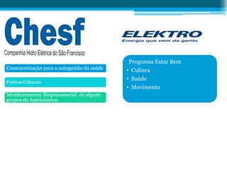 Conscientização para a autogestão da saúde
Práticas Culturais
Monitoramento Biopsicossocial de alguns
grupos de funcionários.
Programa Estar Bem
• Cultura
• Saúde
• Movimento
 