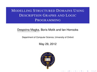 M ODELLING S TRUCTURED D OMAINS U SING
    D ESCRIPTION G RAPHS AND L OGIC
             P ROGRAMMING

   Despoina Magka, Boris Motik and Ian Horrocks

      Department of Computer Science, University of Oxford


                       May 29, 2012
 