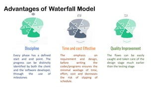 Discipline
Every phase has a defined
start and end point. The
progress can be distinctly
identified by both the client
and the software developer,
through the use of
milestones
Time and cost Effective
The emphasis on
requirement and design,
before writing the
codes/programs ensures the
minimal wastage of time,
effort, cost and decreases
the risk of slipping of
schedule.
Quality Improvement
The flaws can be easily
caught and taken care of the
design stage much earlier
than the testing stage
Advantages of Waterfall Model
 