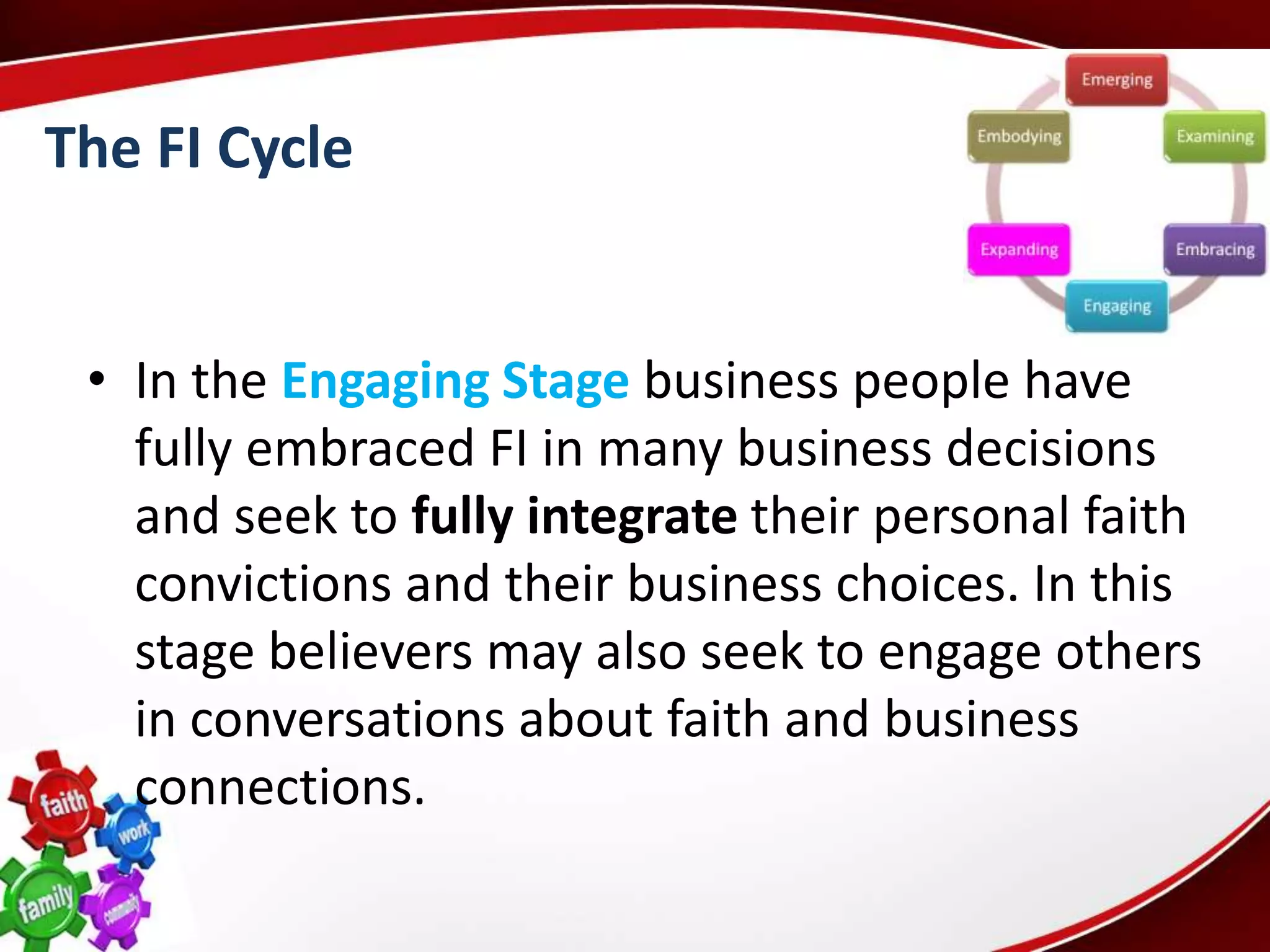 The FI Cycle


 • In the Engaging Stage business people have
   fully embraced FI in many business decisions
   and seek to fully integrate their personal faith
   convictions and their business choices. In this
   stage believers may also seek to engage others
   in conversations about faith and business
   connections.
 