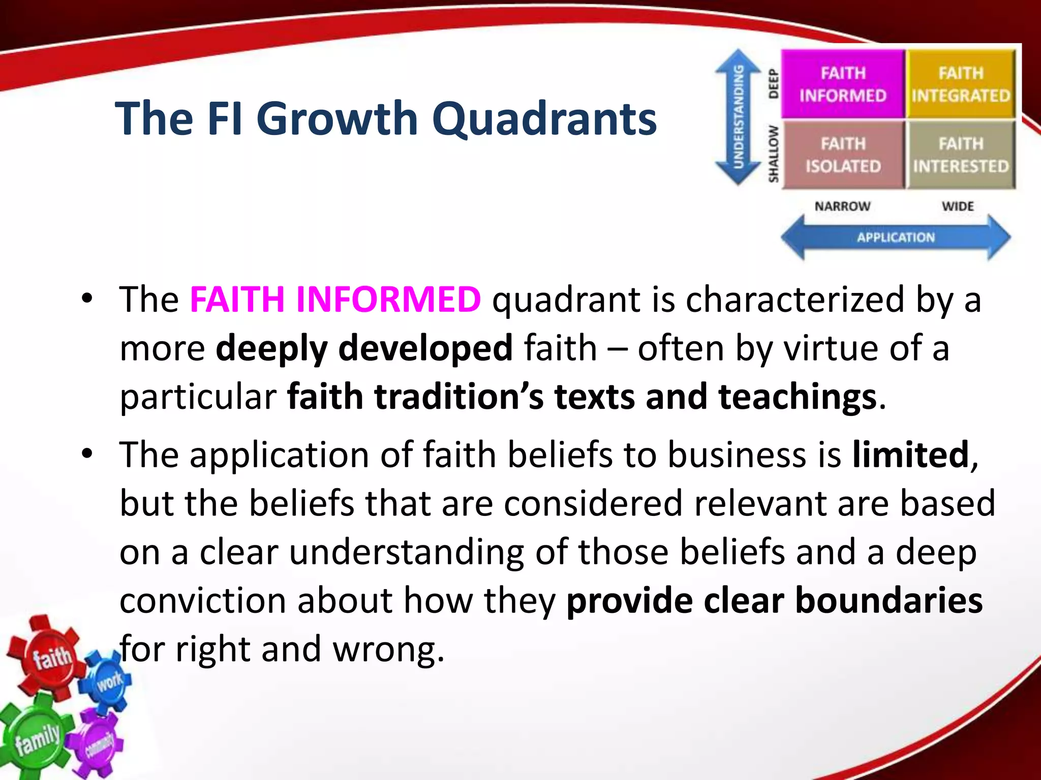 The FI Growth Quadrants


• The FAITH INFORMED quadrant is characterized by a
  more deeply developed faith – often by virtue of a
  particular faith tradition’s texts and teachings.
• The application of faith beliefs to business is limited,
  but the beliefs that are considered relevant are based
  on a clear understanding of those beliefs and a deep
  conviction about how they provide clear boundaries
  for right and wrong.
 