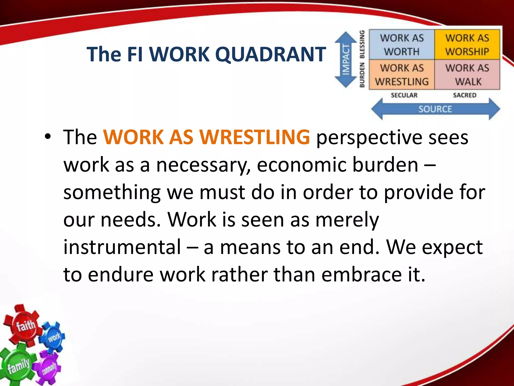 The FI WORK QUADRANT


• The WORK AS WRESTLING perspective sees
  work as a necessary, economic burden –
  something we must do in order to provide for
  our needs. Work is seen as merely
  instrumental – a means to an end. We expect
  to endure work rather than embrace it.
 
