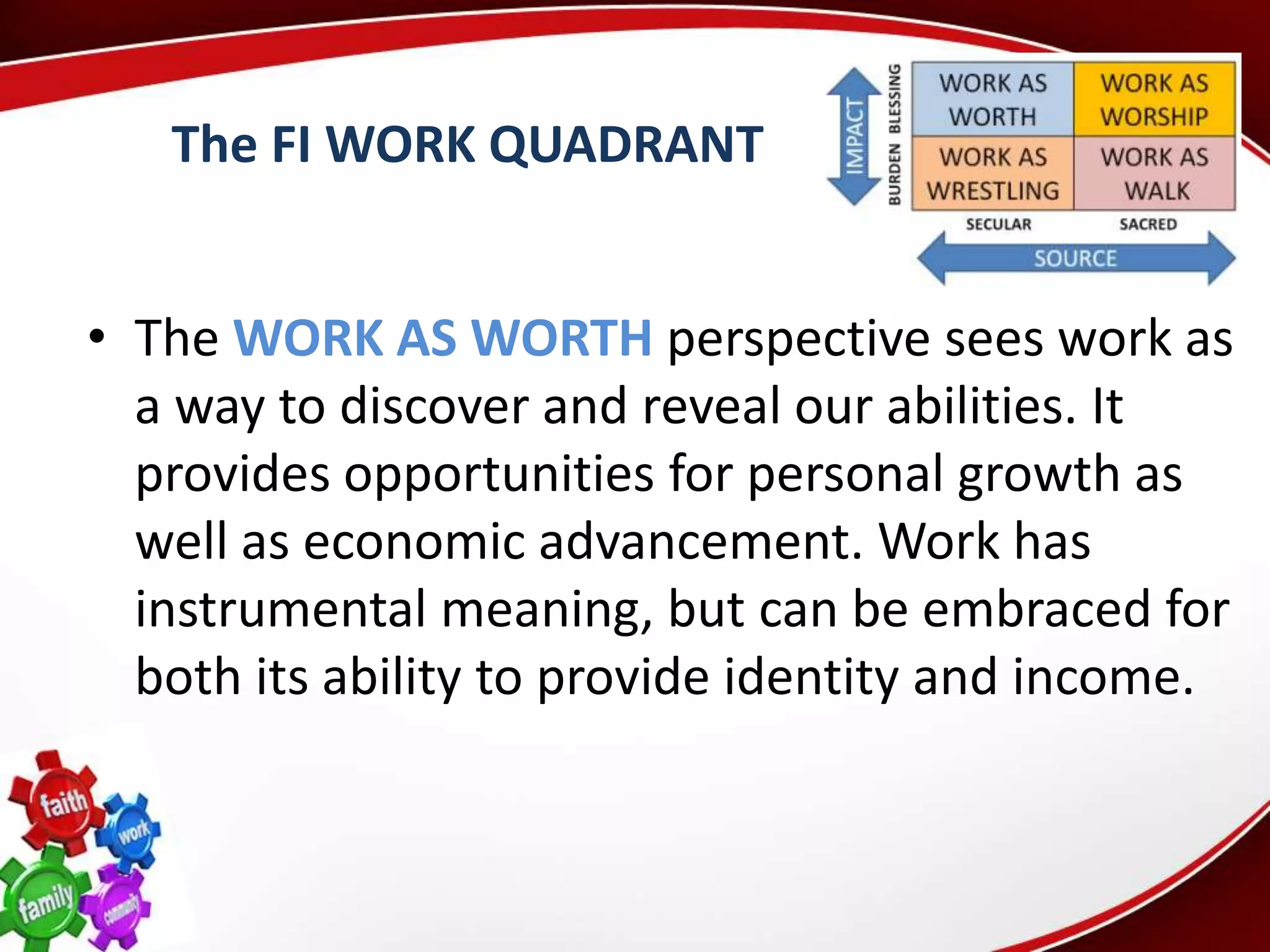 The FI WORK QUADRANT


• The WORK AS WORTH perspective sees work as
  a way to discover and reveal our abilities. It
  provides opportunities for personal growth as
  well as economic advancement. Work has
  instrumental meaning, but can be embraced for
  both its ability to provide identity and income.
 