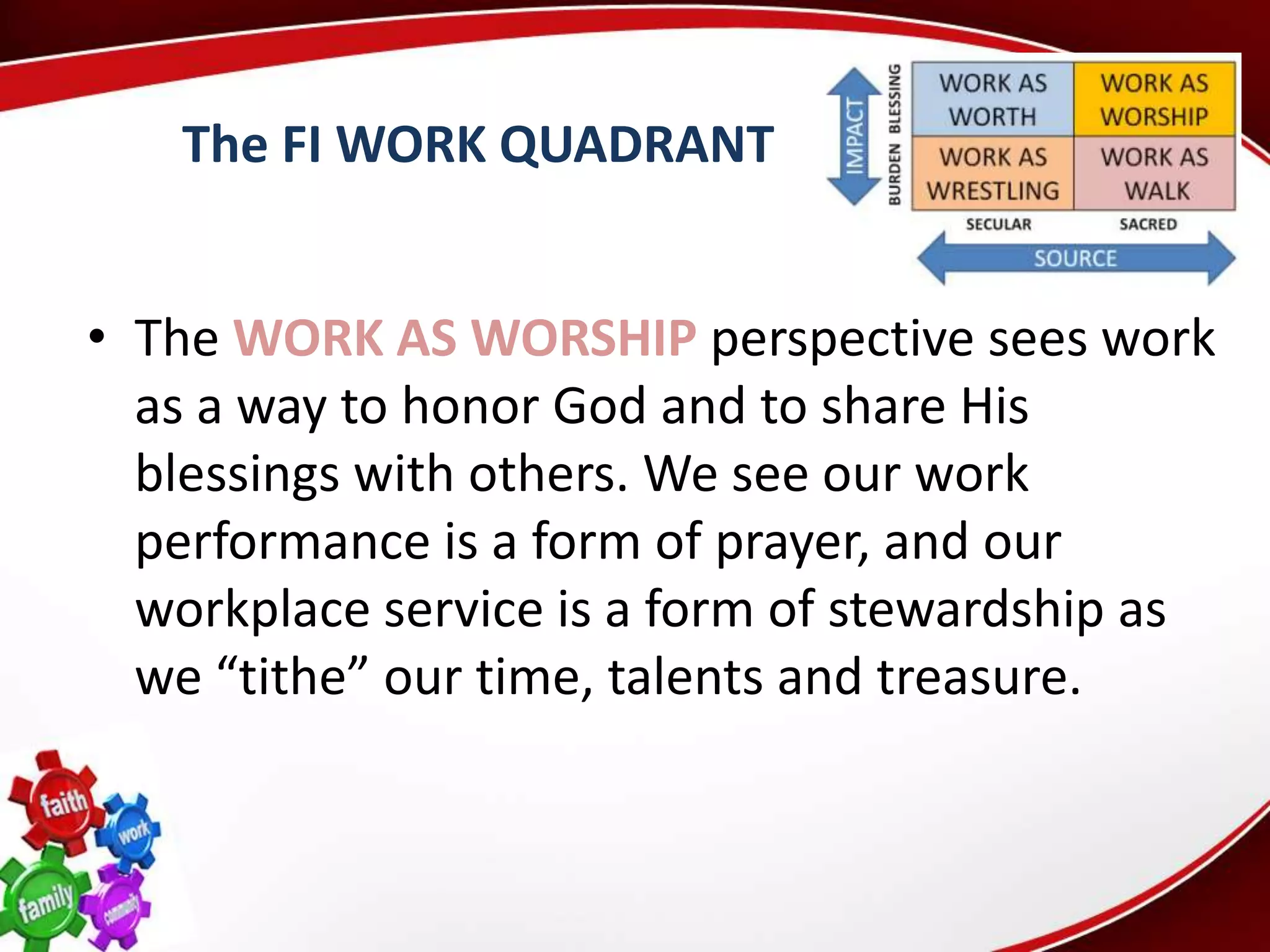 The FI WORK QUADRANT


• The WORK AS WORSHIP perspective sees work
  as a way to honor God and to share His
  blessings with others. We see our work
  performance is a form of prayer, and our
  workplace service is a form of stewardship as
  we “tithe” our time, talents and treasure.
 