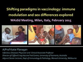 A/Prof Katie Flanagan
Infectious Diseases Physician and Clinical Associate Professor
Director of Clifford CraigVaccineTrial Centre, University ofTasmania, Australia
Adjunct Senior Lecturer, Dept of Immunology & Pathology, Monash University, Melbourne
Shifting paradigms in vaccinology: immune
modulation and sex differences explored
WAidid Meeting, Milan, Italy, February 2015
 