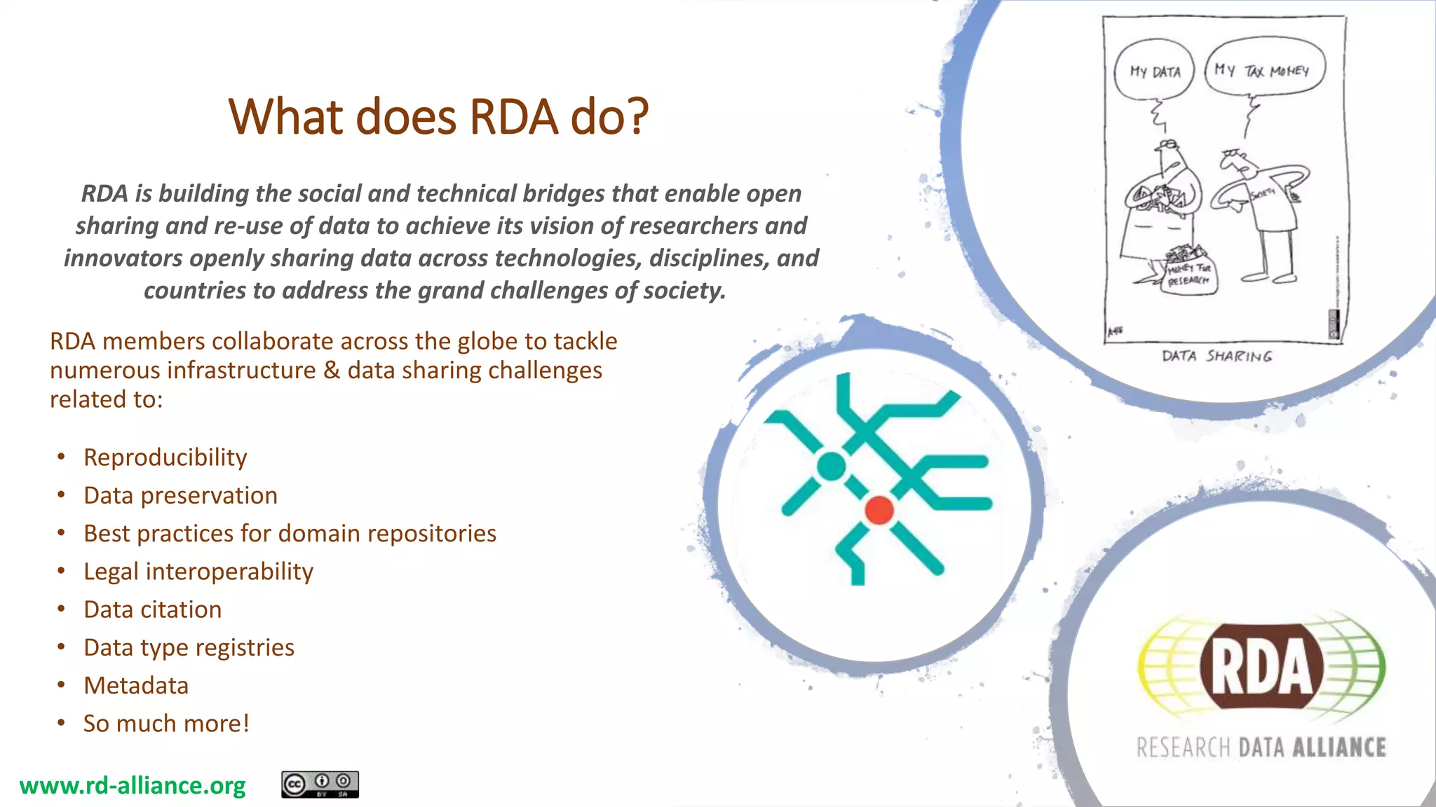 What does RDA do?
RDA members collaborate across the globe to tackle
numerous infrastructure & data sharing challenges
related to:
• Reproducibility
• Data preservation
• Best practices for domain repositories
• Legal interoperability
• Data citation
• Data type registries
• Metadata
• So much more!
RDA is building the social and technical bridges that enable open
sharing and re-use of data to achieve its vision of researchers and
innovators openly sharing data across technologies, disciplines, and
countries to address the grand challenges of society.
www.rd-alliance.org
 