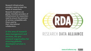 Research infrastructure
providers need to meet the
needs of researchers.
Research disciplines are
global, therefore providers of
infrastructure for researchers
need to ensure the provision
of services compatible with
those used by
their international
collaborators.
In the area of research
data management and
services, the pre-
eminent organisation for
ensuring globally
developed services is
RDA.
www.rd-alliance.org to add text
 