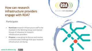 How can research
infrastructure providers
engage with RDA?
Participate:
• Nominate research infrastructure staff to be
involved in the Working Group and Interest
Groups of relevance to research
infrastructure providers
• Propose a new group to discuss and resolve
a research data challenge that your research
infrastructure are facing
www.rd-alliance.org
 