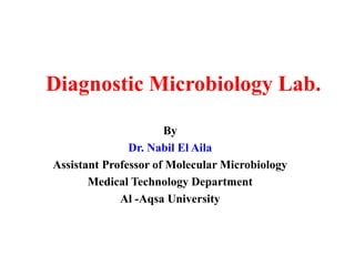 Diagnostic Microbiology Lab. 
By 
Dr. Nabil El Aila 
Assistant Professor of Molecular Microbiology 
Medical Technology Department 
Al -Aqsa University 
 