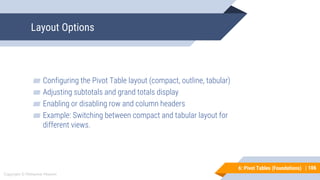 106
Copyright © Mohaimie Mosmin
6: Pivot Tables (Foundations) |
Layout Options
106
▰ Configuring the Pivot Table layout (compact, outline, tabular)
▰ Adjusting subtotals and grand totals display
▰ Enabling or disabling row and column headers
▰ Example: Switching between compact and tabular layout for
different views.
 