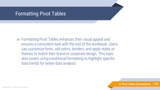 109
Copyright © Mohaimie Mosmin
6: Pivot Tables (Foundations) |
Formatting Pivot Tables
109
▰ Formatting Pivot Tables enhances their visual appeal and
ensures a consistent look with the rest of the workbook. Users
can customize fonts, cell colors, borders, and apply styles or
themes to match their brand or corporate design. This topic
also covers using conditional formatting to highlight specific
data trends for better data analysis.
 