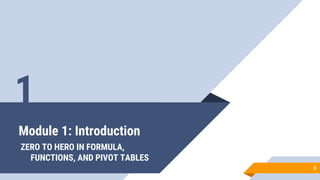 Module 1: Introduction
ZERO TO HERO IN FORMULA,
FUNCTIONS, AND PIVOT TABLES
1
6
 